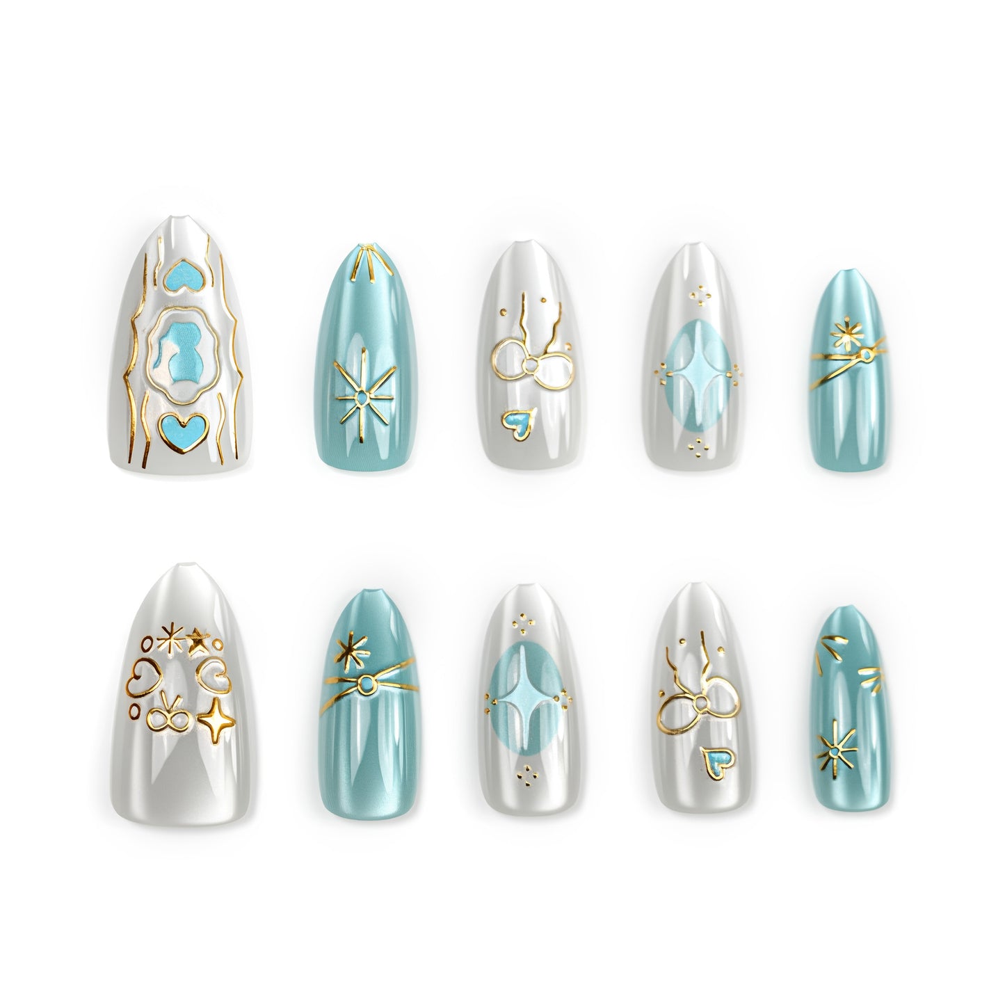 Elegant Ocean-inspired Medium Almond Teal Glossy Finish with Unique Gold Accents Press On Nail Set