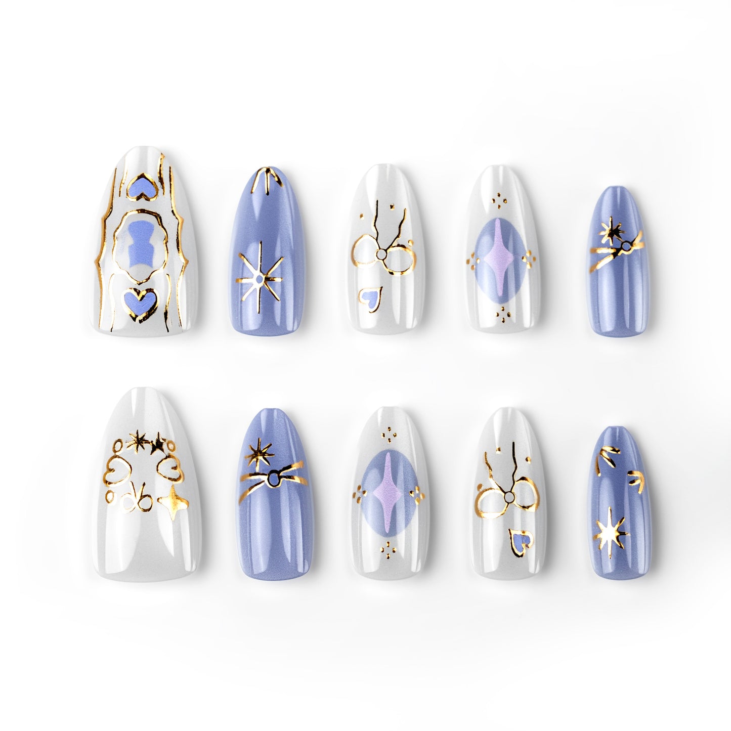 Celestial Dream Medium Almond Lilac and White with Glittering Gold Accents Press on Nail Set