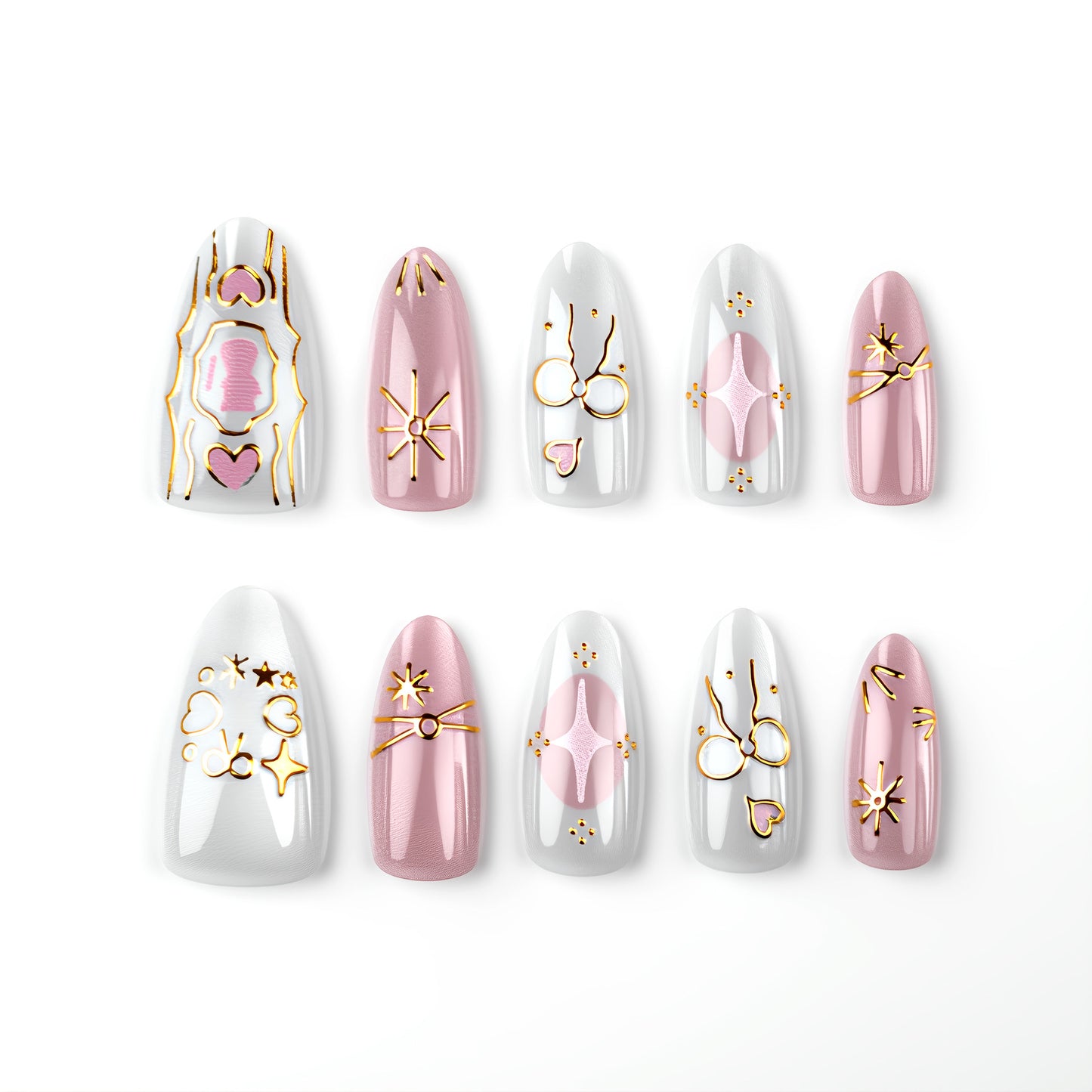 Celestial Charm Medium Almond Pink with Chic Gold Accents Press On Nail Set