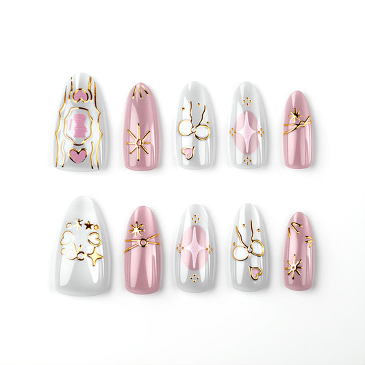 Celestial Charm Medium Almond Pink with Chic Gold Accents Press On Nail Set