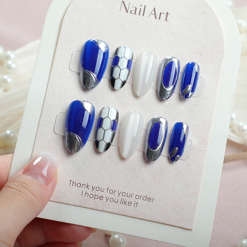 Starry Night Press on Nail Set in Medium Almond Blue with Chic Metallic Accents