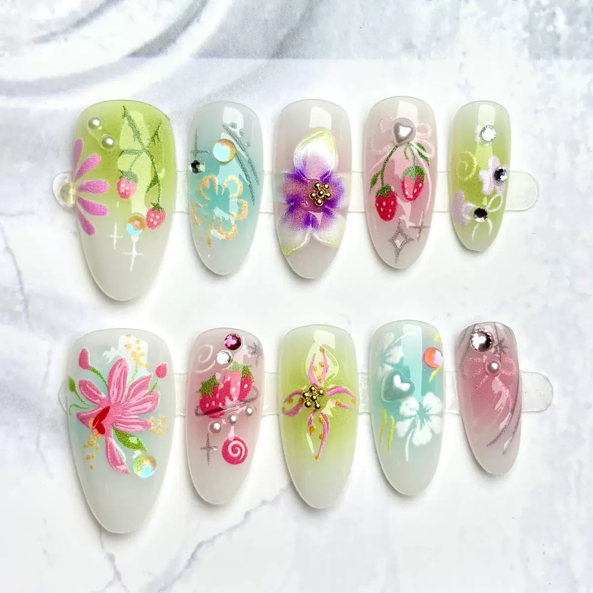 Floral Delight Medium Almond Green with Intricate Hand-Painted Designs Press On Nail Set