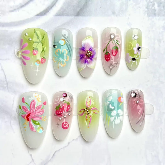 Floral Delight Medium Almond Green with Intricate Hand-Painted Designs Press On Nail Set