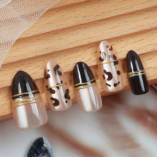 Wild Safari Medium Stiletto Black and Beige Gradient with Gold Accents Press On Nail Set
