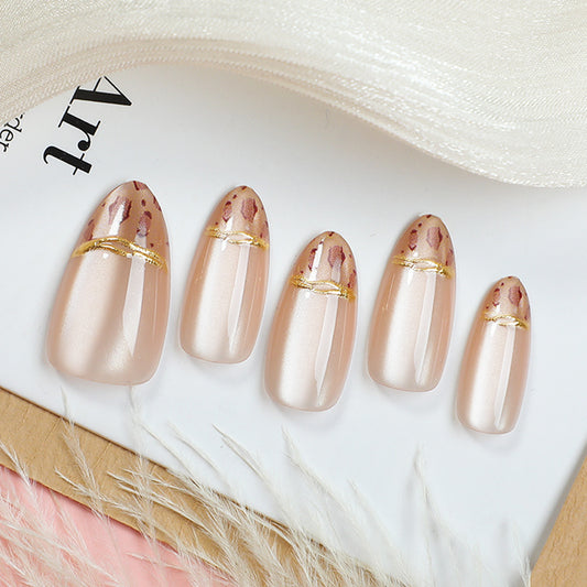 Chic Leopard Print Medium Almond Beige Press On Nail Set with Elegant Gold Accent