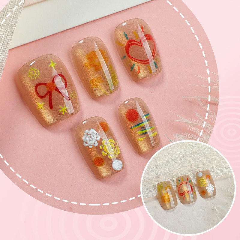 Whimsical Artistry Short Square Beige Press On Nail Set with Festive Hand-Painted Designs