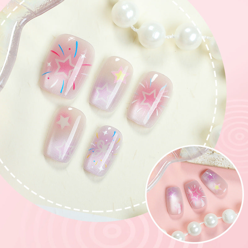 Celestial Dreams Short Square Pink Glitter Press-On Nail Set with Starry Designs