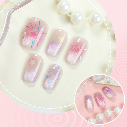 Celestial Dreams Short Square Pink Glitter Press-On Nail Set with Starry Designs