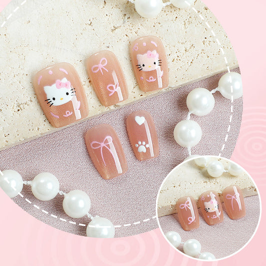 Charming Hello Kitty Inspired Short Square Beige Press On Nail Set with Whimsical Bow and Kitty Design