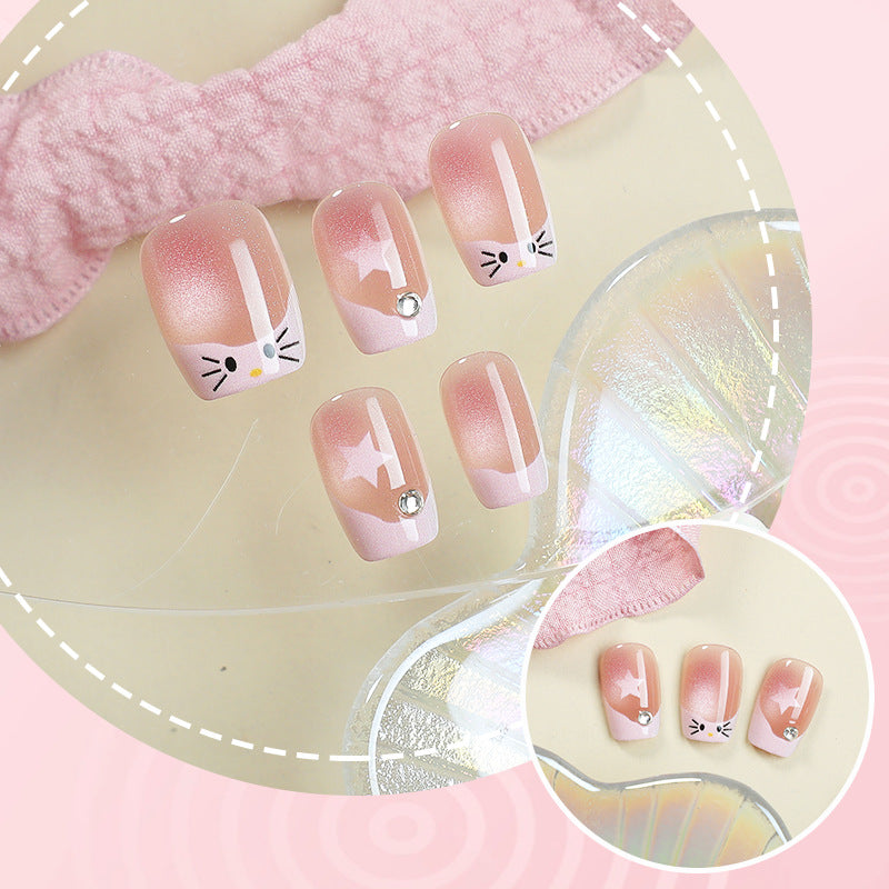 Whimsical Pink Short Square Nails with Adorable Character Details