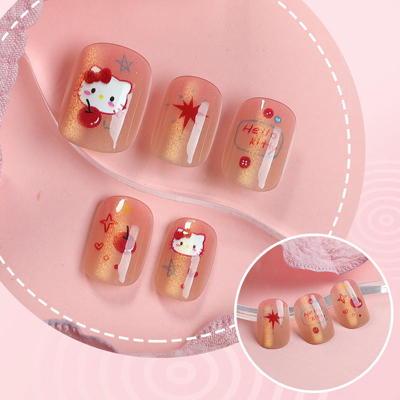 Hello Kitty Theme Short Square Pink Gradient Nail Set with Cute Character Designs