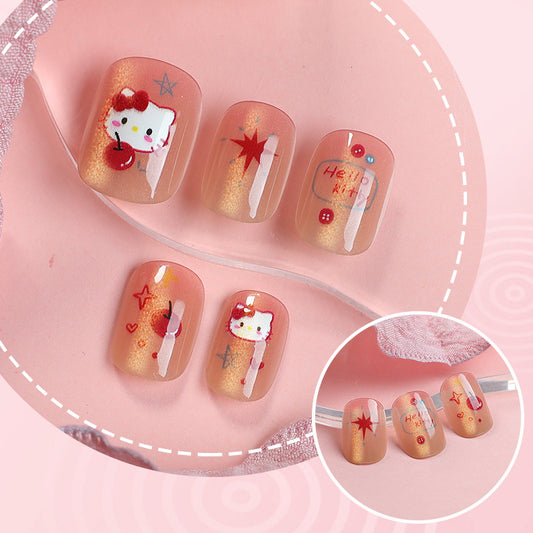 Hello Kitty Theme Short Square Pink Gradient Nail Set with Cute Character Designs