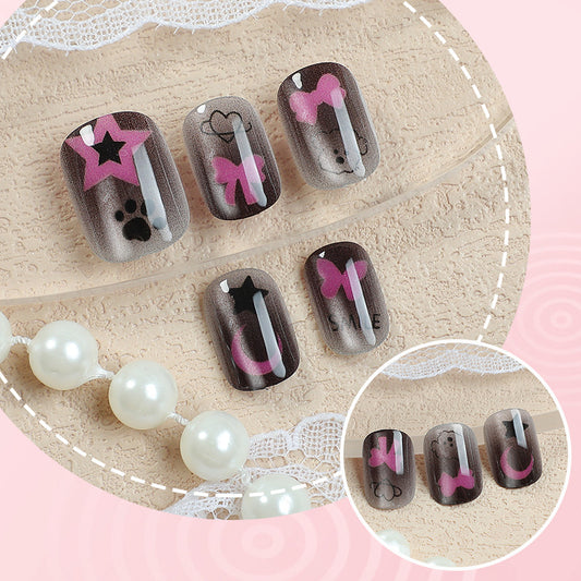 Whimsical Charm Short Square Pink Gradient Nail Set with Fun Cute Designs