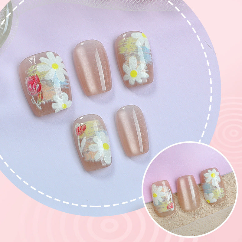 Garden Delight Short Square Beige Floral Press On Nail Set with Shimmer Finish