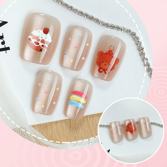 Whimsical Pastel Short Square Beige Nails with Fun Character and Playful Dots