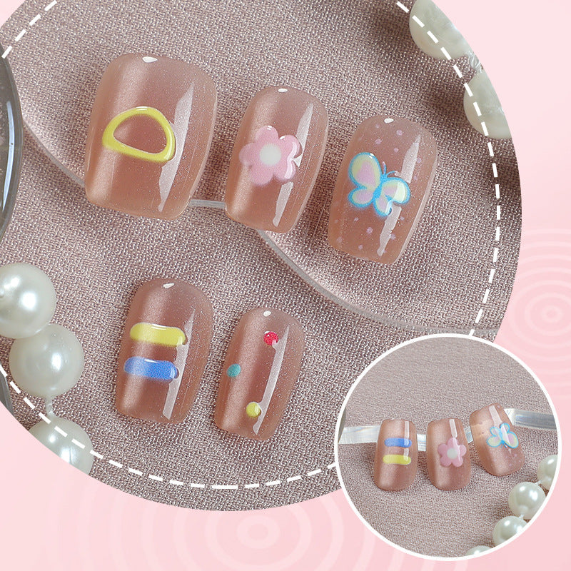 Whimsical Floral Short Square Beige Nail Set with Playful Artistry
