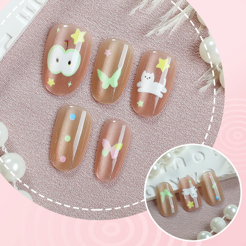 Whimsical Charm Short Round Brown Nail Set with Cute Animal and Star Designs