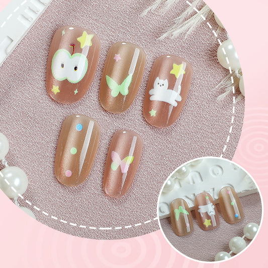 Whimsical Charm Short Round Brown Nail Set with Cute Animal and Star Designs