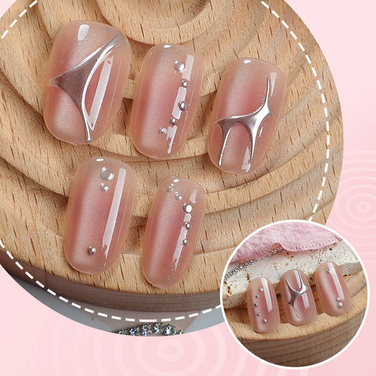 Chic and Elegant Short Squoval Blush with Metallic Accents Press on Nail Set