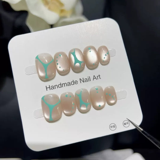 Ocean Breeze Short Squoval Beige with Aqua Accents Press On Nail Set
