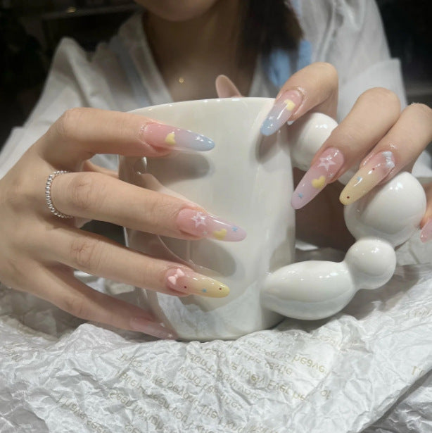 Dreamy Pastel Long Almond Press on Nail Set with Whimsical Star and Heart Design