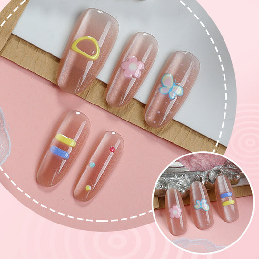 Whimsical Floral Long Oval Pink Glitter Nail Set with Fun Patterns