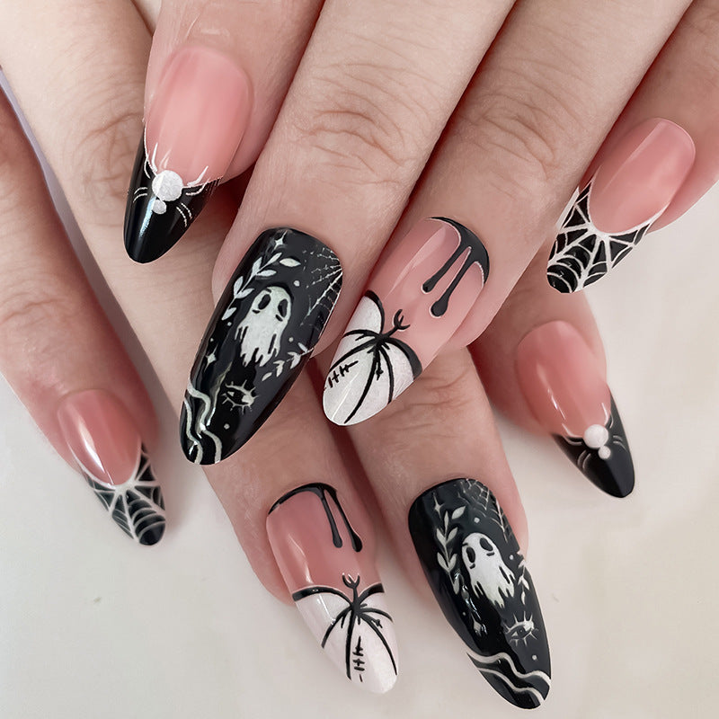 Spooktacular Long Almond Black and White Artisan Nail Press Set