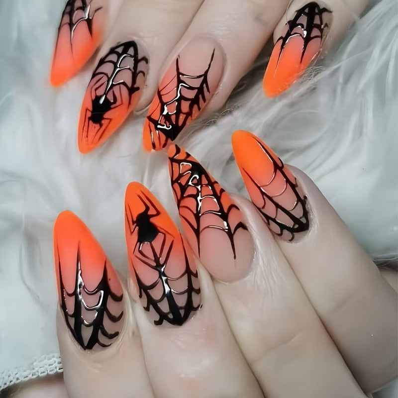 Spooky Vibes Medium Stiletto Orange Spiderweb Press on Nail Set