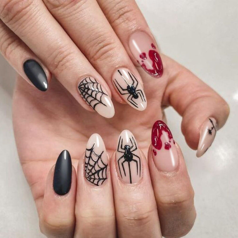 Spooky Glam Medium Almond Black and Red Spider Web Press On Nail Set