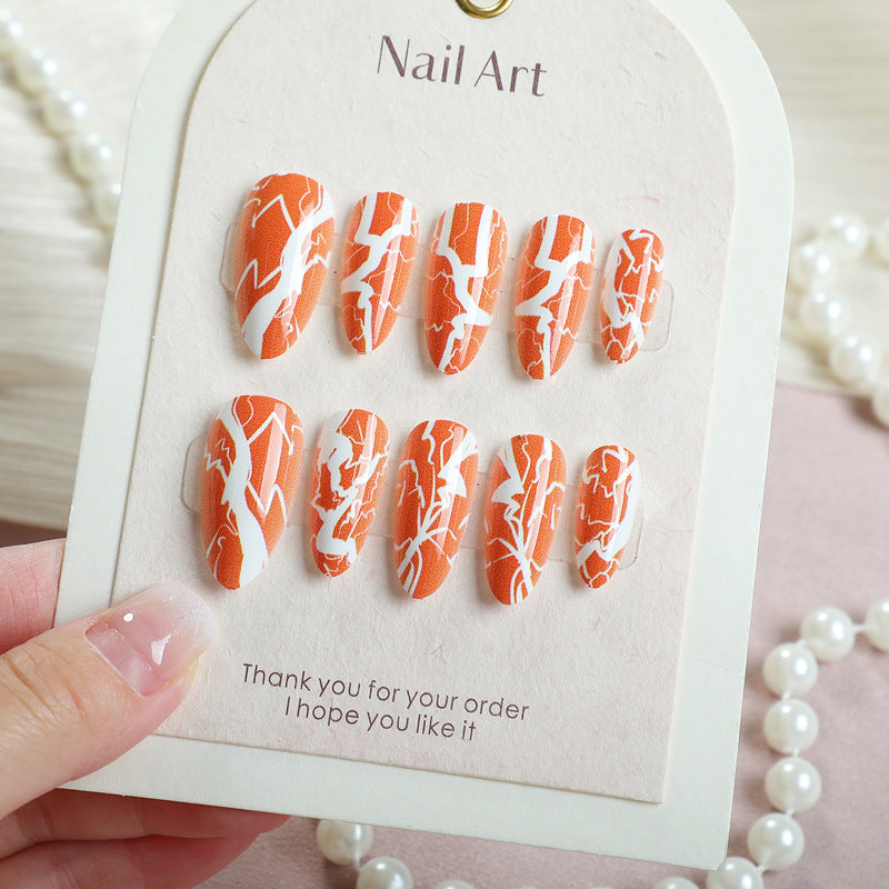 Sunset Dreams Long Almond Orange with White Lightning Nail Set