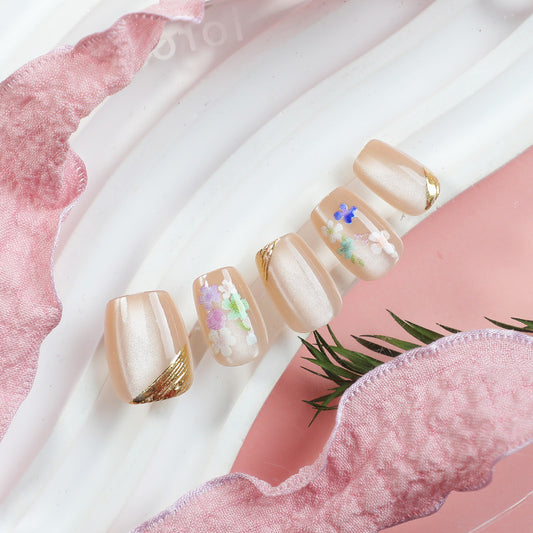 Floral Elegance Short Square Beige with Gold Accent Press on Nail Set