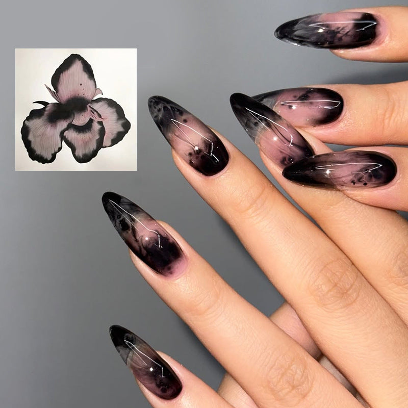 Enchanting Floral Dream Long Stiletto Black and Pink Ombre Nail Set with Unique Artistic Design