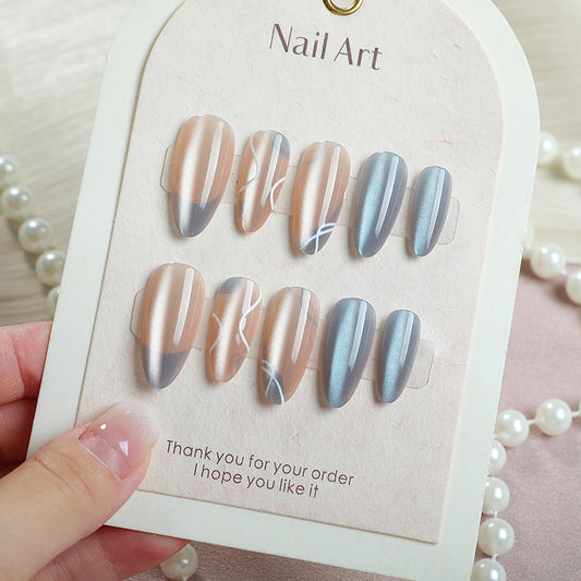 Elegant Ocean Dreams Short Stiletto Beige and Blue Marble Press-on Nail Set