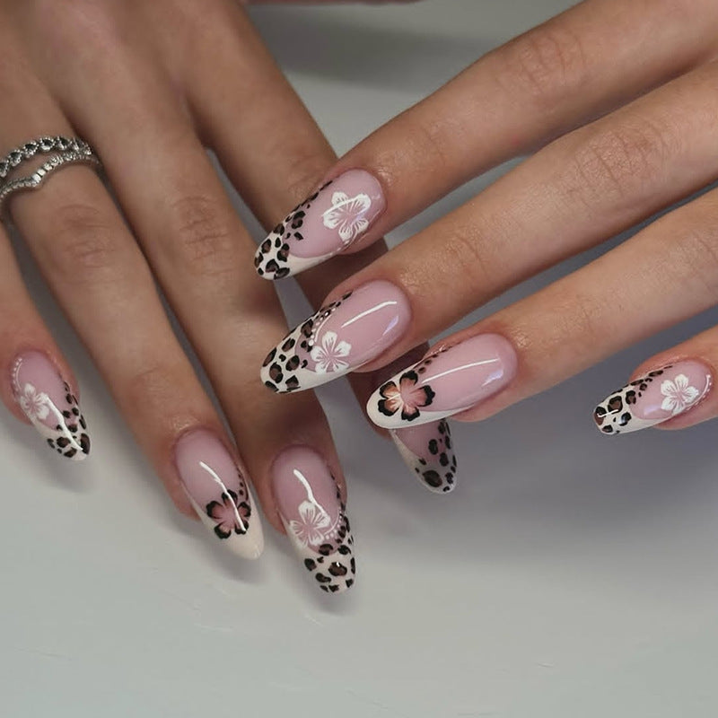 Tropical Paradise Long Oval Pink with Floral and Leopard Design Press On Nail Set