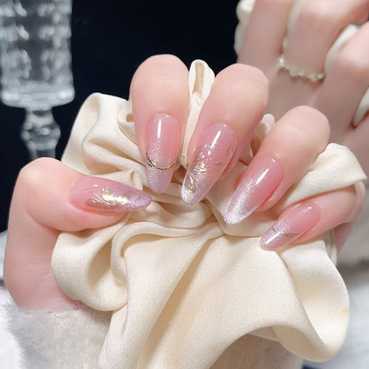 Elegant Glimmer Long Oval Pink with Gold Accent Press on Nail Set