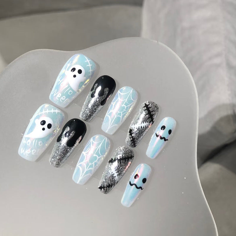 Spooky Vibes Long Coffin Pastel Blue with Ghost and Spider Web Design Press On Nail Set