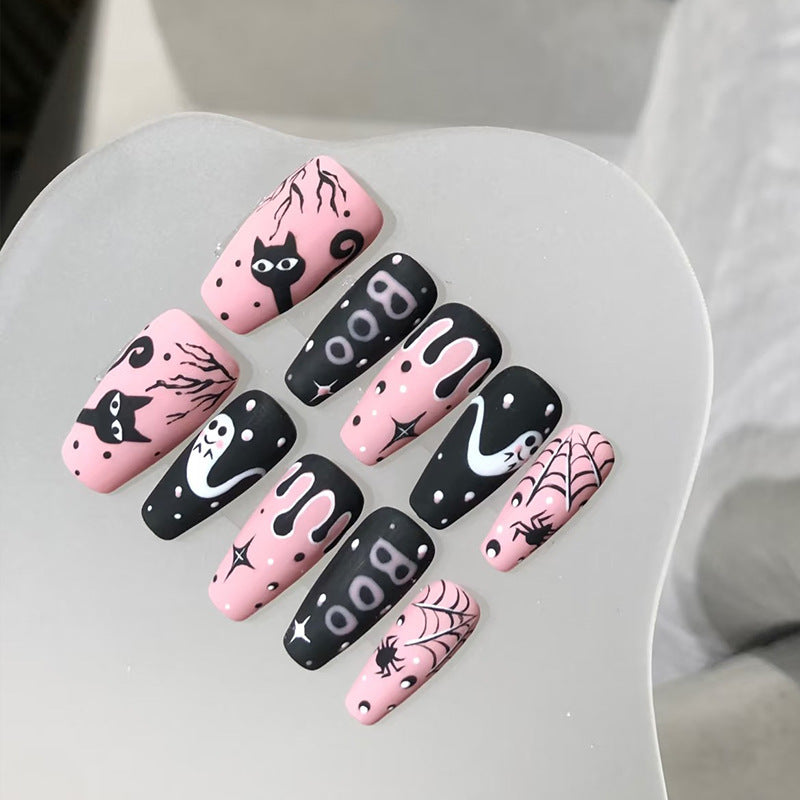 Spooky Long Coffin Pink and Black Cat Themed Press On Nail Set