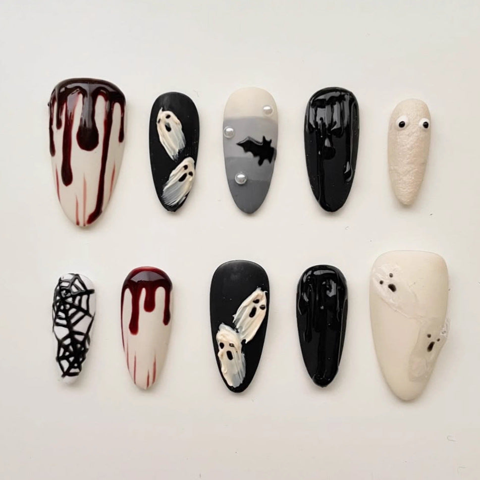 Spooky Spirit Medium Almond Black and White Nail Set with Ghost and Spider Web Design