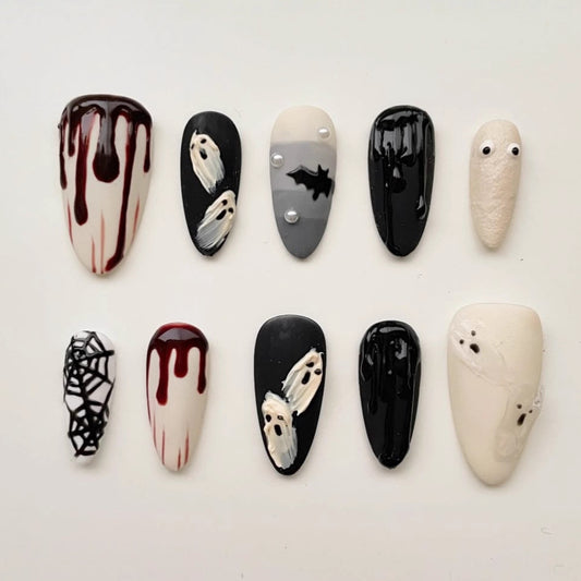 Spooky Spirit Medium Almond Black and White Nail Set with Ghost and Spider Web Design