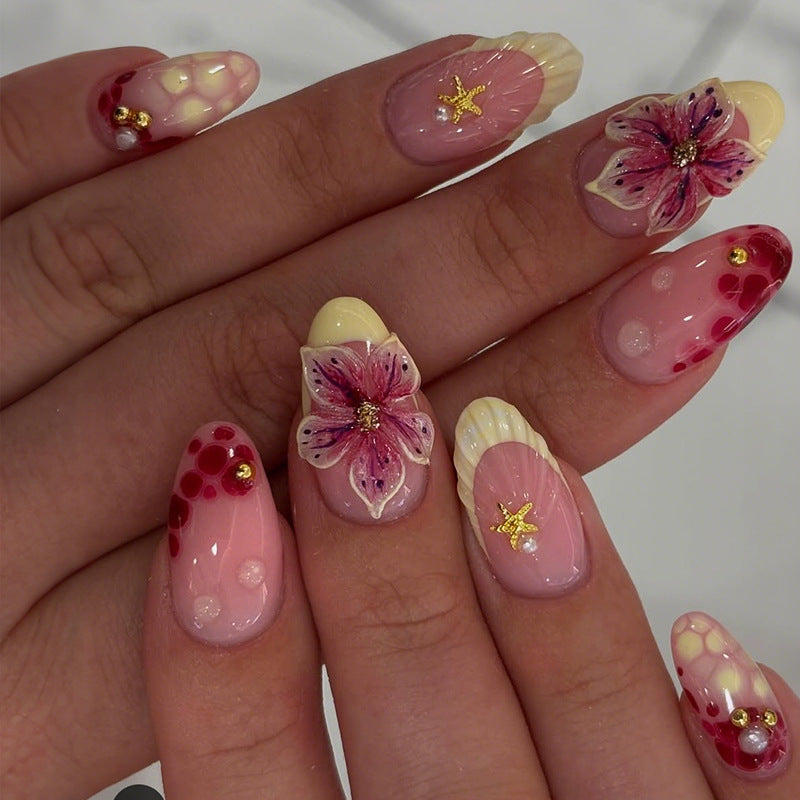 Tropical Bliss Short Almond Pink Floral Press On Nail Set with Glitter Accents