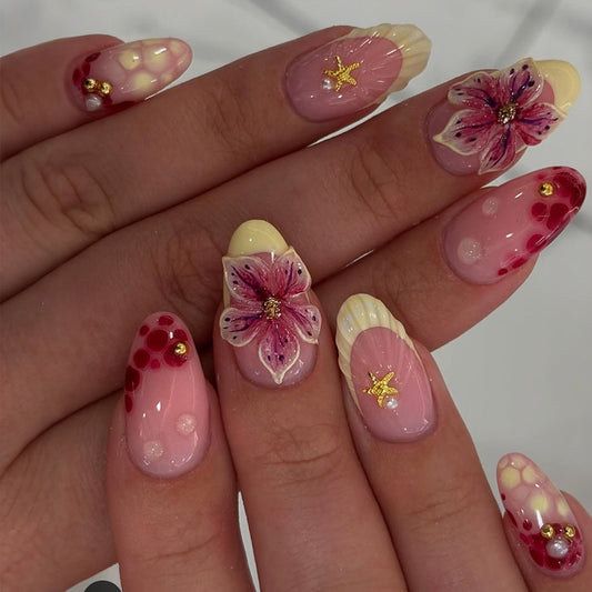 Tropical Bliss Short Almond Pink Floral Press On Nail Set with Glitter Accents