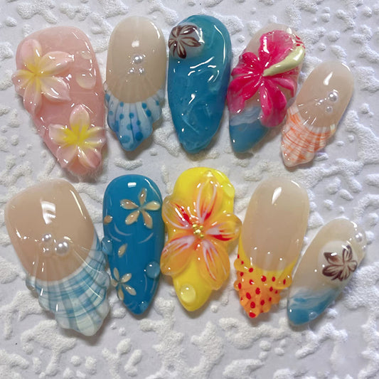 Tropical Paradise Short Almond Multicolored Floral Design Press-On Nail Set