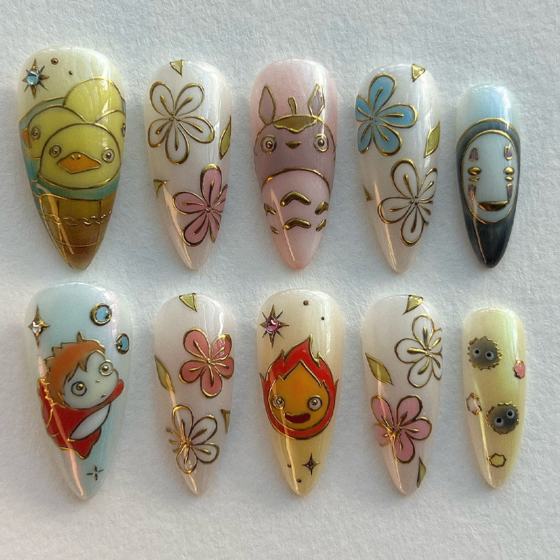 Whimsical Fantasy Medium Stiletto Blue and Pink Character Design Press-On Nail Set