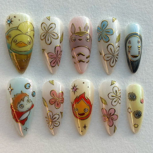 Whimsical Fantasy Medium Stiletto Blue and Pink Character Design Press-On Nail Set