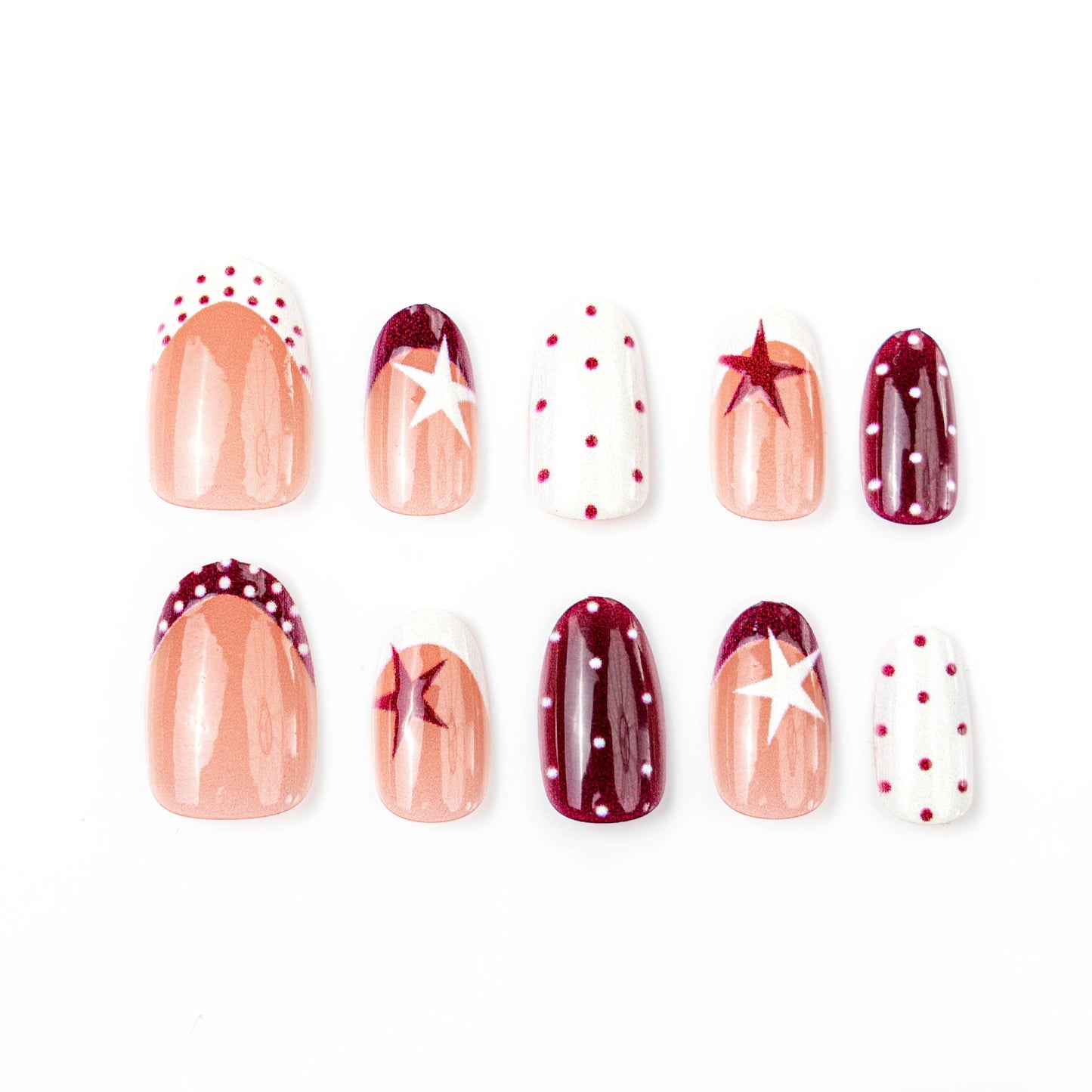 Starlit Celebration Short Almond Burgundy with Polka Dots and Stars Press On Nail Set