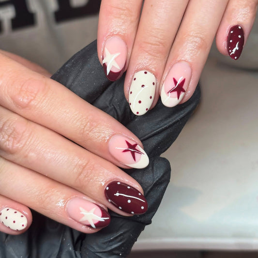 Celestial Glam Short Almond Burgundy with Star Accents Press on Nail Set