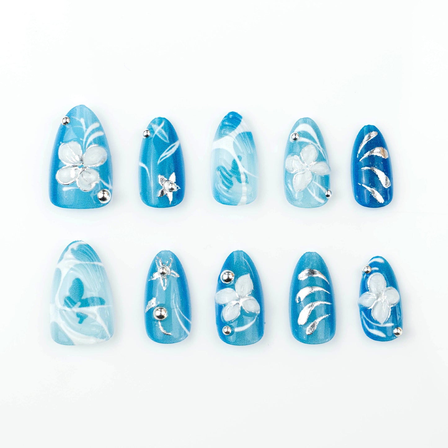 Ocean Breeze Medium Almond Blue with Floral Design Press on Nail Set