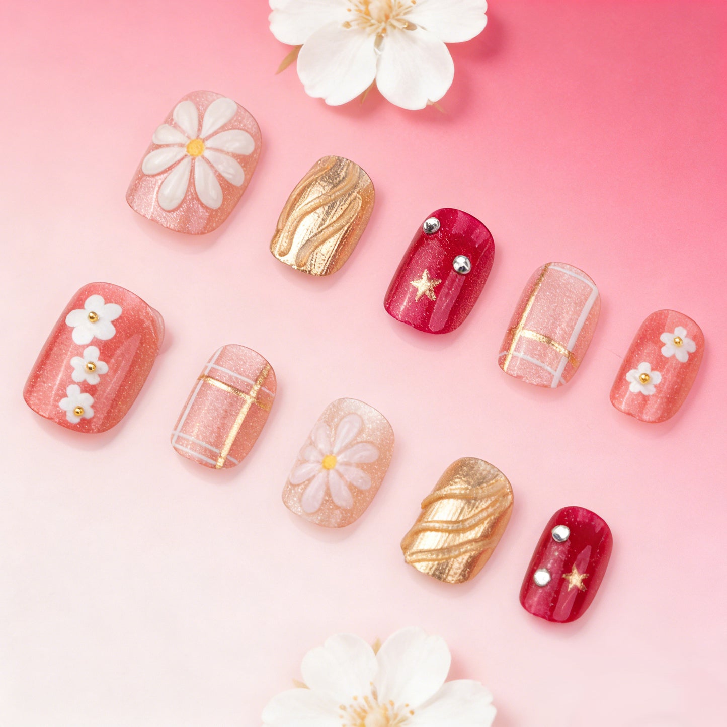 Blossom Inspired Short Square Pink and Gold Glitter Press On Nail Set with Floral and Star Accents