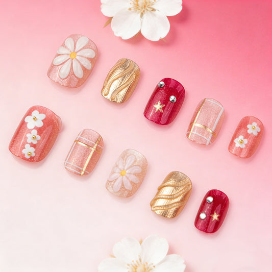 Blossom Inspired Short Square Pink and Gold Glitter Press On Nail Set with Floral and Star Accents