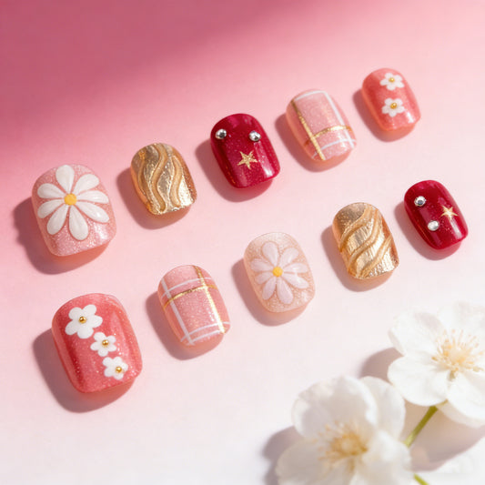 Floral Elegance Short Square Pink with Dazzling Gold Accents Press On Nail Set